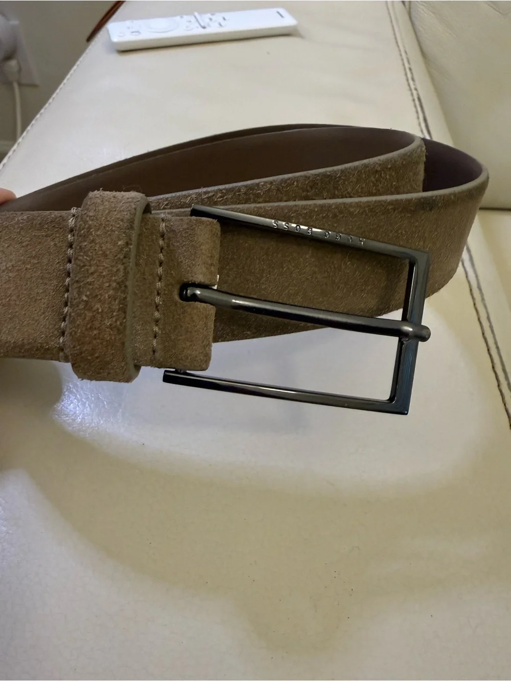 Hugo Boss Men's Suede Belt in Taupe Brown with Brushed Buckle